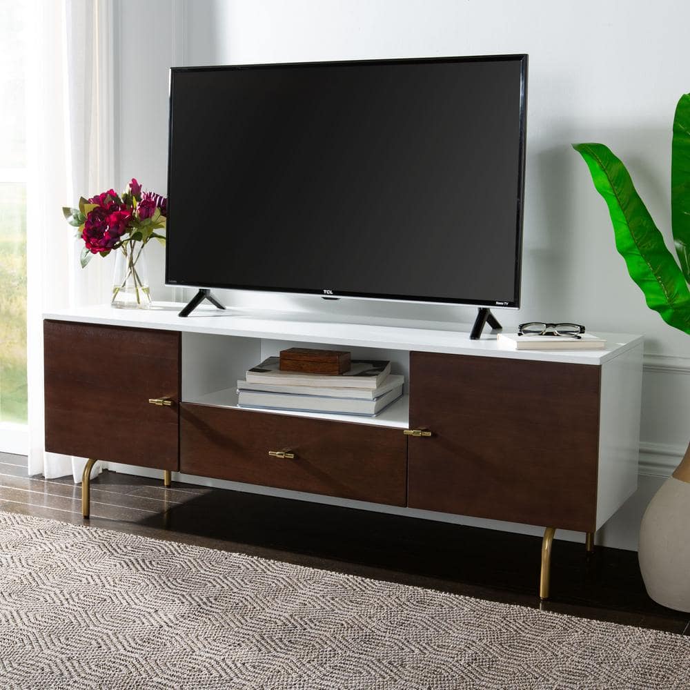 Genevieve 54" White and Walnut TV Stand with Gold Legs