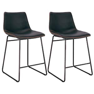 Leisure Chair 24 in. Faux Charcoal Leather, High Back, Black Steel Bar Stool (Set of 2)