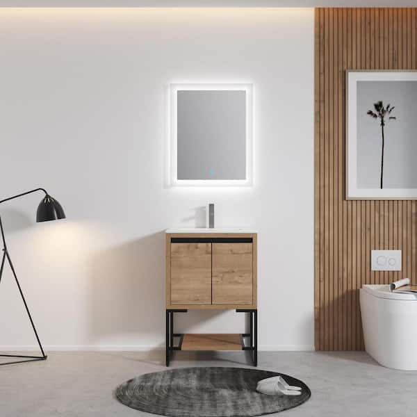 EAKYHOM 24 in. W x 18 in. D x 35 in. H Freestanding Bath Vanity in Imitative Oak with Resin Vanity Top in White with White Sink