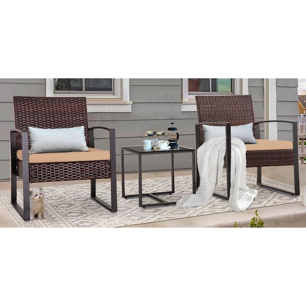 Unbranded 3 Piece Wicker Outdoor Furniture Set, Outdoor Bistro Sets, Patio Sectional Sofa Couch with Brown Cushions