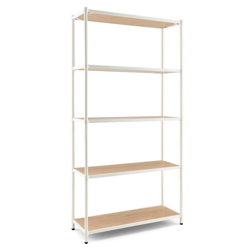 Costway 5-Tier Metal Natural White Bookshelf Multi-Use Storage Rack Shelving Unit 31.5 in. W x 61 in. H x 11.5 in. D, Natural+White -  JV10678WH