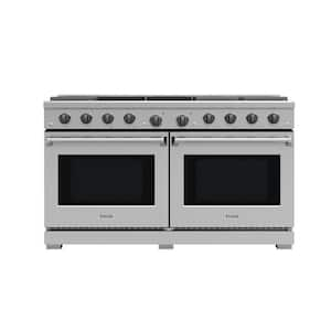 60 in. 8 Burner 9.6 cu.ft. Freestanding Double Oven Gas Range in SS with Convection,Oval Burners,Cast Iron Grill/Griddle