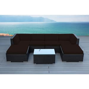 Ohana Black 7-Piece Wicker Patio Seating Set with Supercrylic Brown Cushions