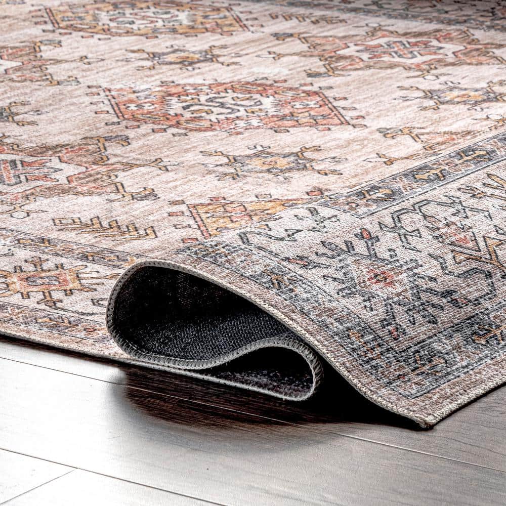 Eco-Friendly Beige Synthetic 4' x 6' Washable Area Rug