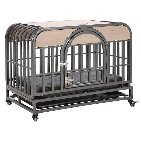 Tatayosi 46 in. Heavy-Duty Dog Crate, Furniture Style Dog Crate with Removable Trays and Wheels, Grey