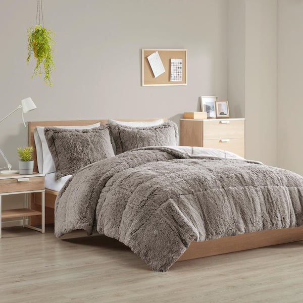 Intelligent Design Leena 3-Piece Grey Textured Shaggy Long Fur Polyester Full/Queen Comforter Set