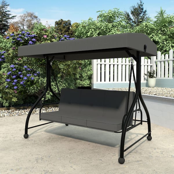 3-Person Metal Patio Swing with Converting and Adjustable Canopy and UV Resistant Cushions in Gray