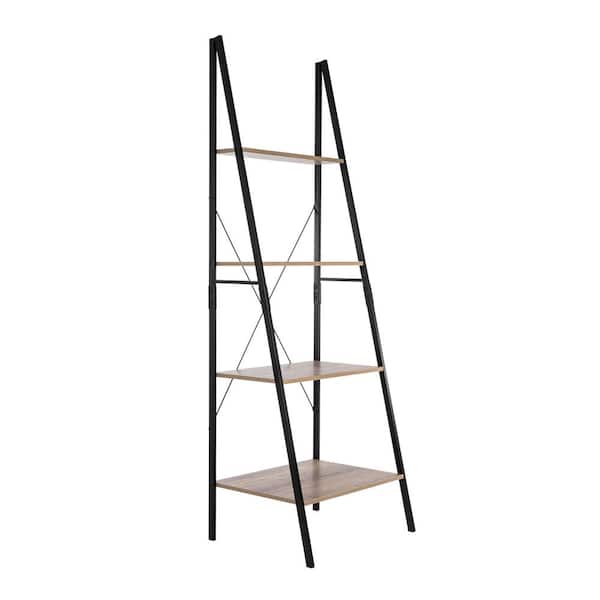 BALKENE HOME 71 in. Weathered/Black Metal 4-shelf Ladder Bookcase with Open Back