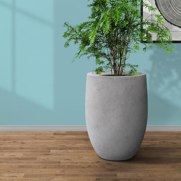 21.7"H Natural Concrete Tall Planter, Large Outdoor Indoor Decorative Pot w/Drainage Hole and Rubber Plug, Modern Round