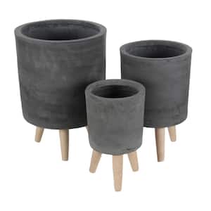 17 in., 15 in., and 12 in. Medium Black Fiberclay Indoor Outdoor Planter with Wood Legs (3- Pack)