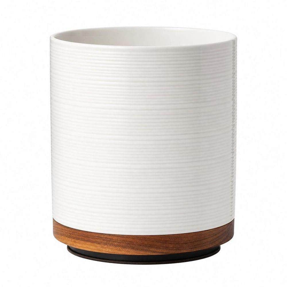 Wudkey White Ceramic Utensil Holder with 360° Rotating Wooden Base