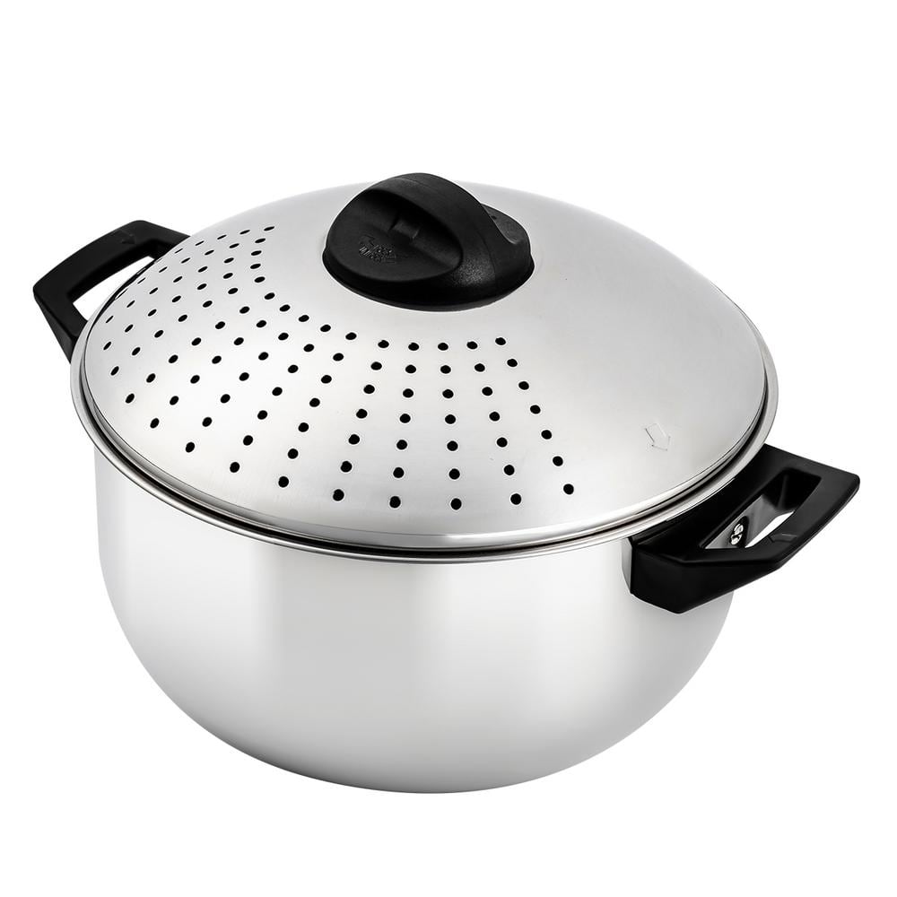 OVENTE 4.8 qt. Silver Stovetop Stainless Steel Pasta Pot with Strainer Lid with Turn-and-Lock Feature and Cool-Touch Handles