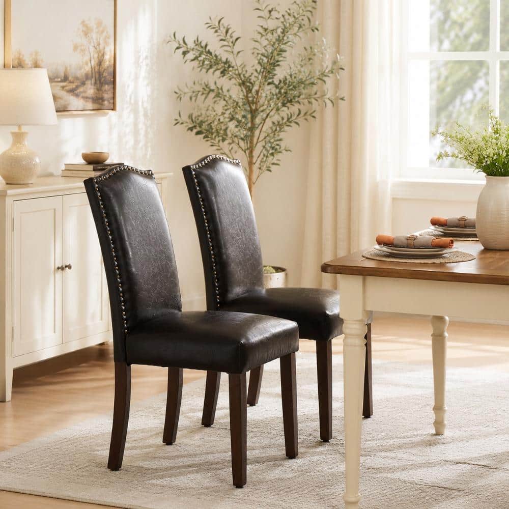 TEAK & LEATHER DINIG CHAIR② WONDER COMFORT Dark Brown Leather Dining Chair Set of 2