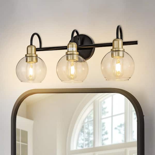 20 in. 3-Light Matte Black and Gold Industrial 3-Light Bathroom Vanity Light with Clear Glass Globe Shades Bathroom