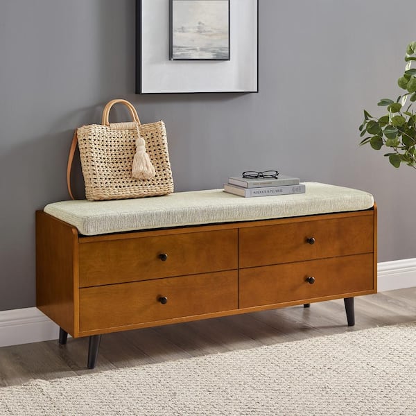 Welwick Designs 19 In. Acorn and Tan Wood Faux Drawer Storage Bench with  Polyester Linen Cushion HD8632 - The Home Depot