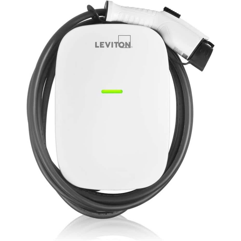 Leviton Level 2 EV Charger Station, 48 Amp, 208/240 VAC 11.6 kW Output, 18 ft. Charging Cable, Hardwired , White EV480