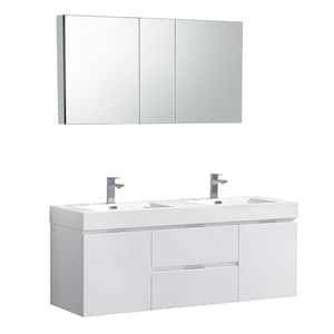 Valencia 60 in. W Wall Hung Vanity in White with Acrylic Double Vanity Top in White with White Basin, Medicine Cabinet