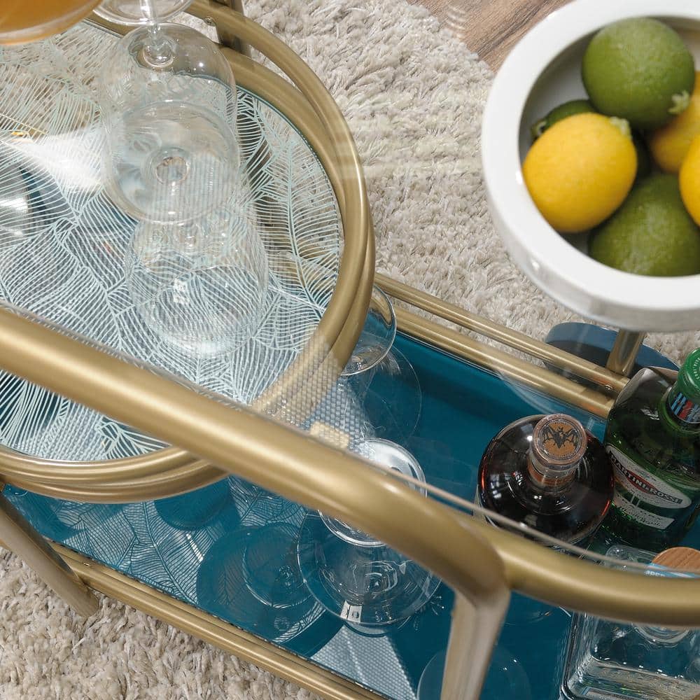 Satin Gold Coral Cape Bar Cart with Tempered Glass Shelves