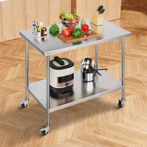 30 x 48 x 38 In. Stainless Steel Commercial Kitchen Prep Table with 4-Wheels 30-Adjustable Height for Restaurant Silver