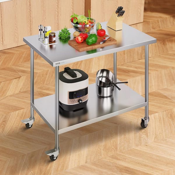 30 x 48 x 38 In. Stainless Steel Commercial Kitchen Prep Table with 4-Wheels 30-Adjustable Height for Restaurant Silver