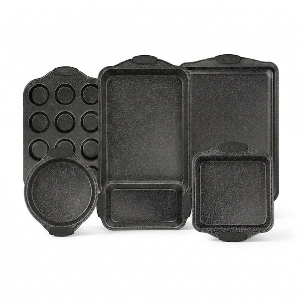 Baking Pan Set-Nonstick Carbon Steel with Red Silicone Handles, Oven Safe Tray (Up To 450° F) Set of 6-Black