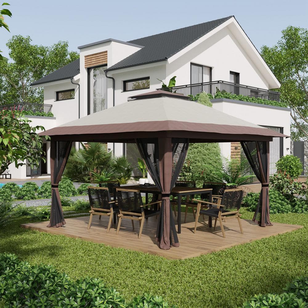 Beige and Brown Pop Up Canopy Gazebo Tent with Netting