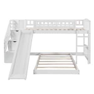White Twin Size Floor Bunk Bed with Staircases and Drawers, Solid Wood Kids Stairway Bunk Bed with Slide and Ladder