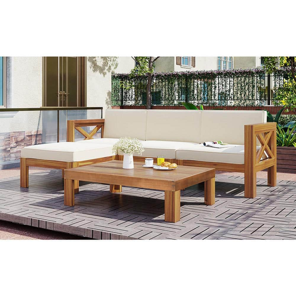 Cesicia 5-Piece Backyard Patio Wood Outdoor Sectional Sofa Seating ...