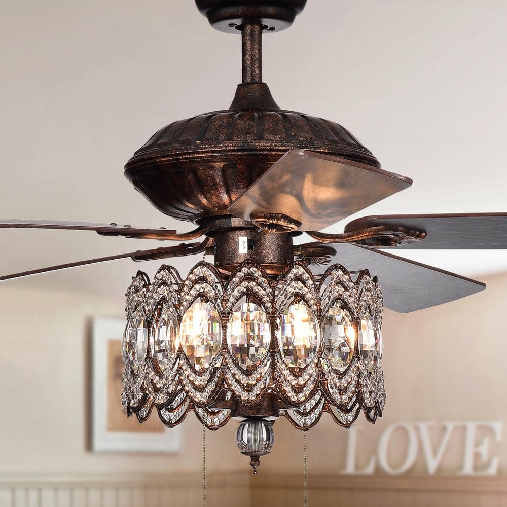 Mariposa 52-inch Rustic Bronze Chandelier Ceiling Fan with Crystal Shade