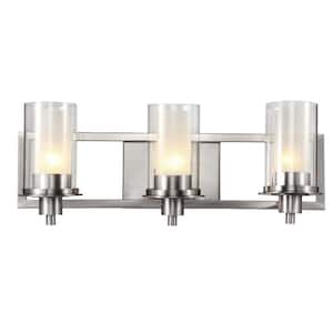 Odyssey 22 in. 3-Light Brushed Nickel Bathroom Vanity Light Fixture with Frosted Inner Glass and Clear Outer Glass
