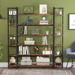 Alan 70.86 in. Brown Practical Board 6-Shelf Etagere Bookcase with Storage and Triple Wide Bookshelf Display Shelves