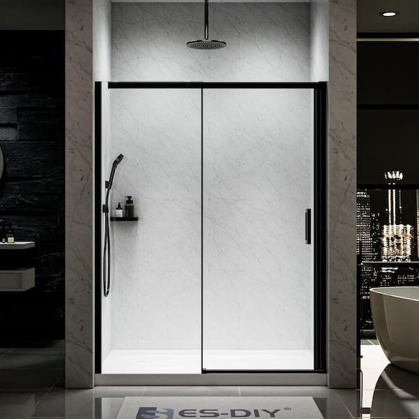 56-60 in. W x 74 in. H Sliding Semi Frameless Shower Door in Matte Black with 5/16 in. (8 mm) Tempered Clear Glass