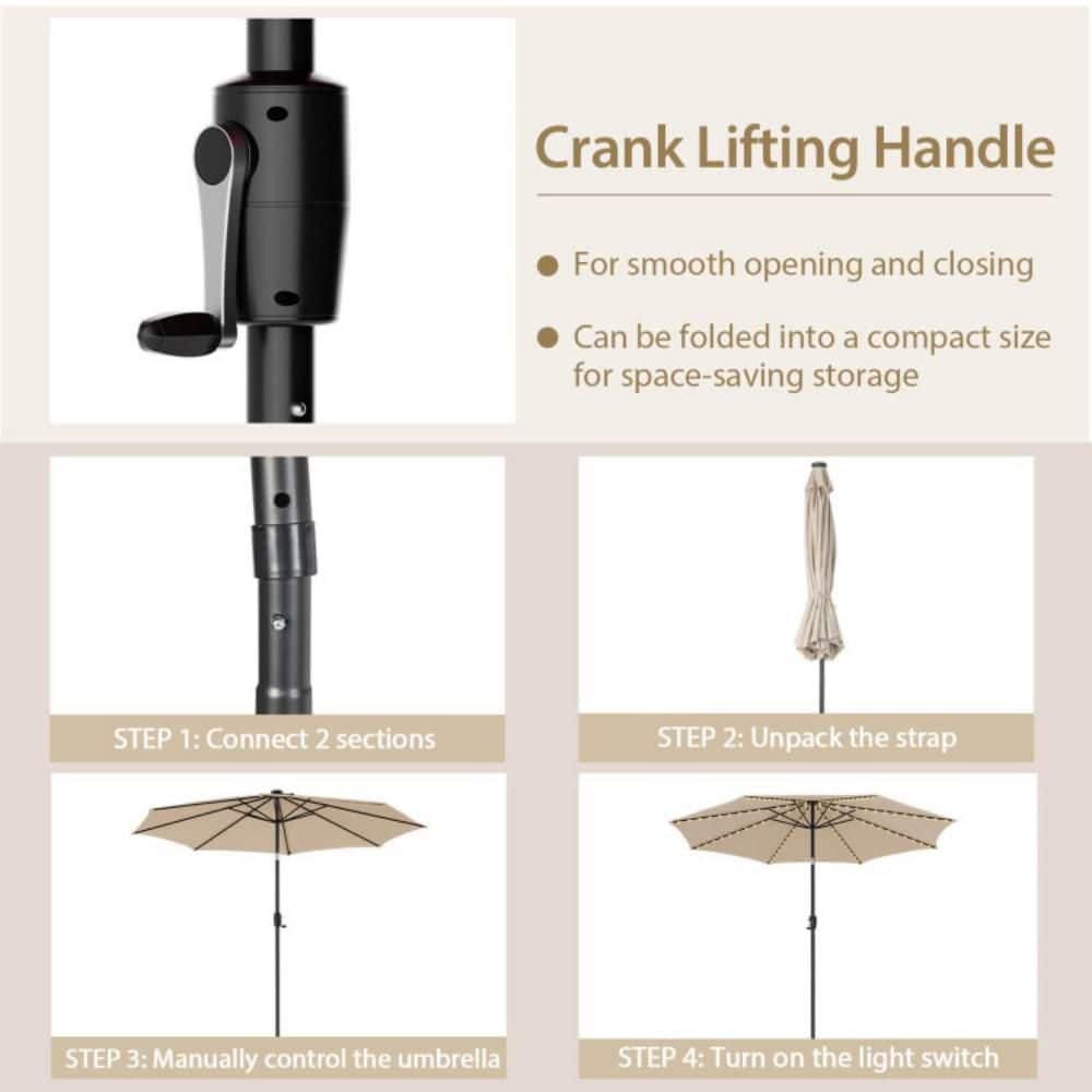 10ft Beige Solar LED Lighted Patio Umbrella with Crank Tilt
