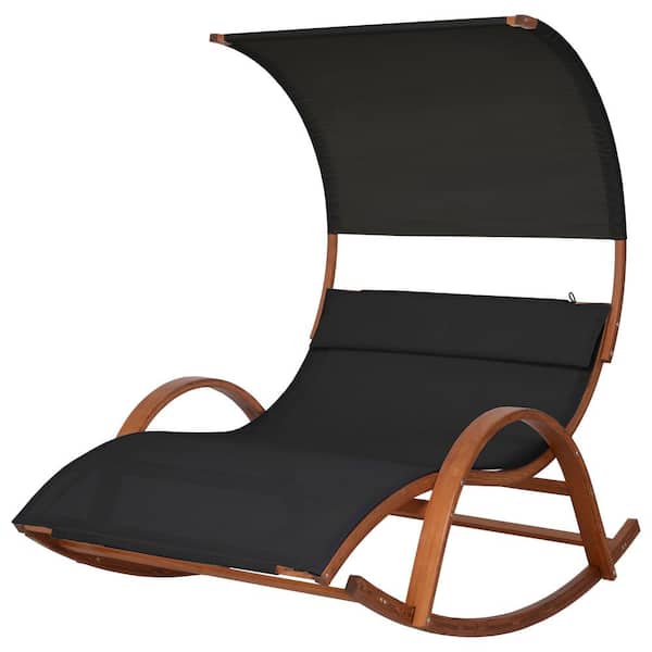 DEKO LIVING Cedar Wood Outdoor Patio Lounge Day Bed with Black Textilene Fabric & Canopy with Cushions