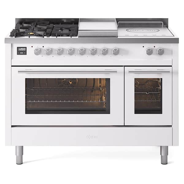 Professional Plus II 48 in. 5-Burner French top Griddle Freestanding Double Oven Dual Fuel Range in White