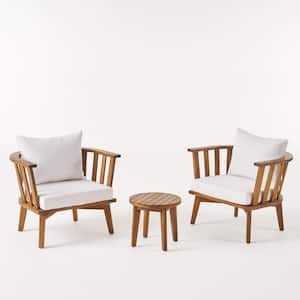 Chilian Teak Brown 3-Piece Wood Outdoor Patio Conversation Seating Set with White Cushions