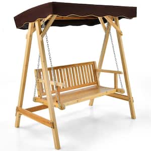 2-Person Wooden Garden Canopy Patio Swing A-frame with Weather-Resistant Canopy