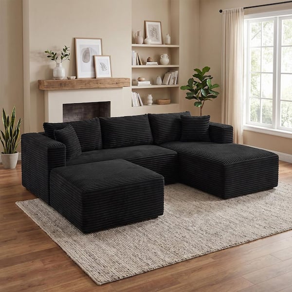 MAVER 105 in. Square Arm Corduroy Modular Sectional Sofa with Ottoman and Right-Facing Chaise in Charcoal Black