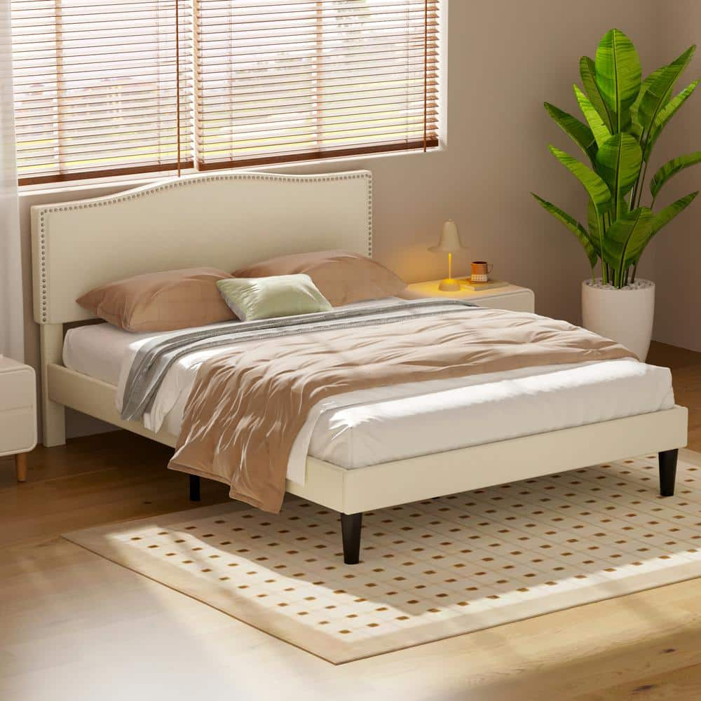 VECELO Platform Bed Frame Beige Metal Frame Full Platform Bed With ...