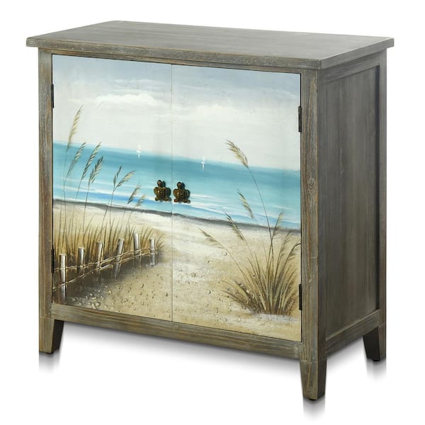 StyleCraft Key West Painted Coastal Print, Gray Driftwood Stained Wood Accent Storage Cabinet