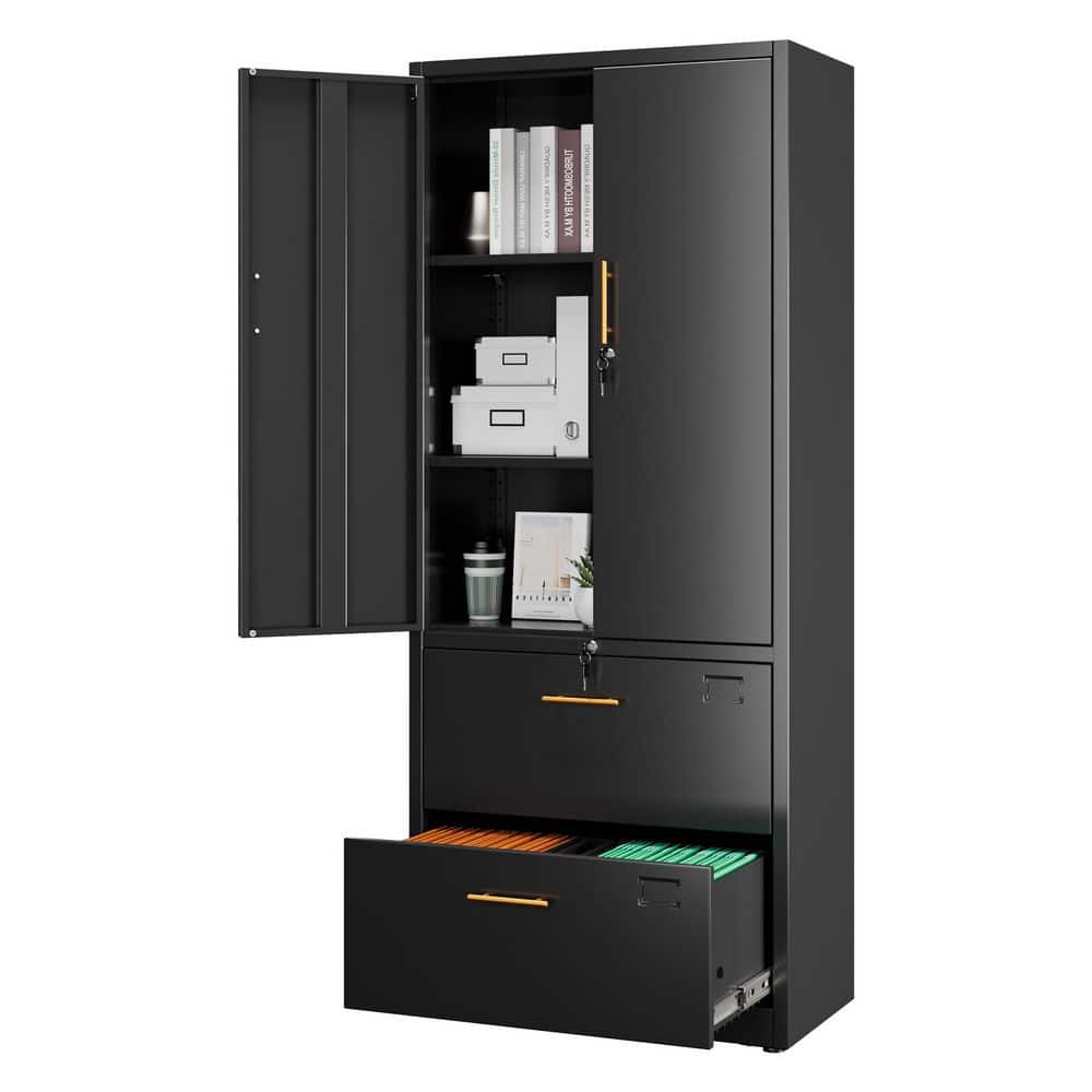 Kaikeeqli 30 in. W x 71 in. H x 15 in. D Metal Office File Freestanding  Cabinet with 2-Drawers, Doors, Folder Hooks in Black SS003B - The Home Depot, image size:1000x1000