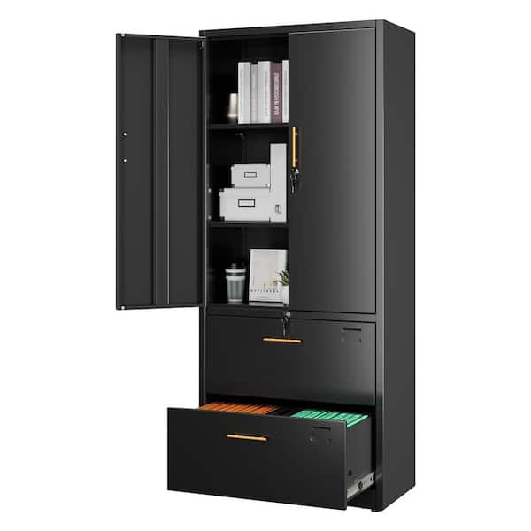 30 in. W x 71 in. H x 15 in. D Metal Office File Freestanding Cabinet with 2-Drawers, Doors, Folder Hooks in Black