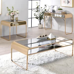 Mindry 48 in. Gold Plating Rectangle Glass Top 3-Piece Coffee Table Set