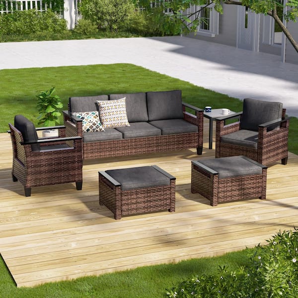JOYESERY 6-Pieces Patio Conversation Set with Side Table Wide Armrests Sofa Brown PE Wicker with Black Cushions