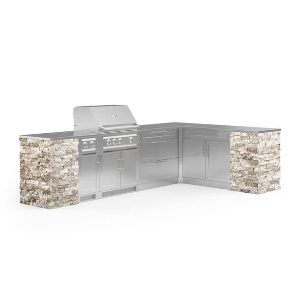 NewAge Products Signature Series Stainless Steel 11-Piece L Shape Outdoor Kitchen Cabinet Set with Liquid Propane Platinum 33 in. Grill