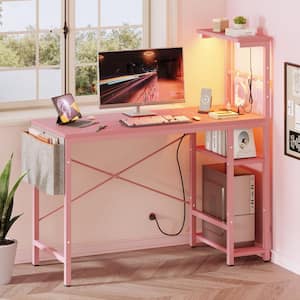 44 in. Pink Carbon Fiber Computer Desk with LED Lights Gaming Desk with Power Outlets, 4 Tier Shelves