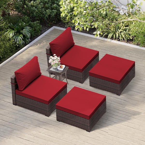 UPHA 5-Piece Fashion Wicker Patio Conversation Seating with Ottomans in Red