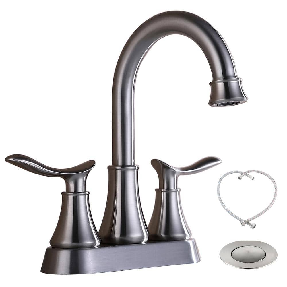 4 in. Centerset Double-Handle High Arc Bathroom Faucet with Pop-Up Drain and Supply Hoses in Brushed Nickel price history on PriceWatchPro