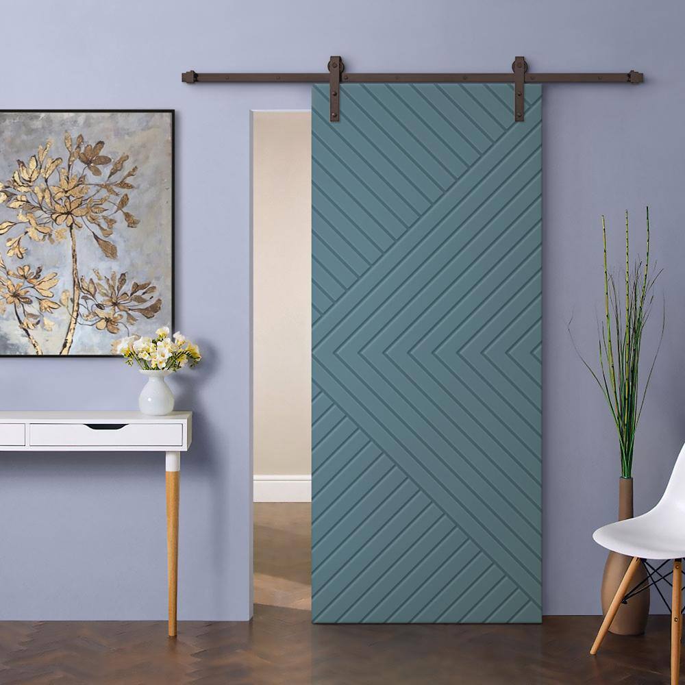 Chevron Blue Painted MDF Sliding Barn Door Kit with Oil Rubbed Bronze Hardware