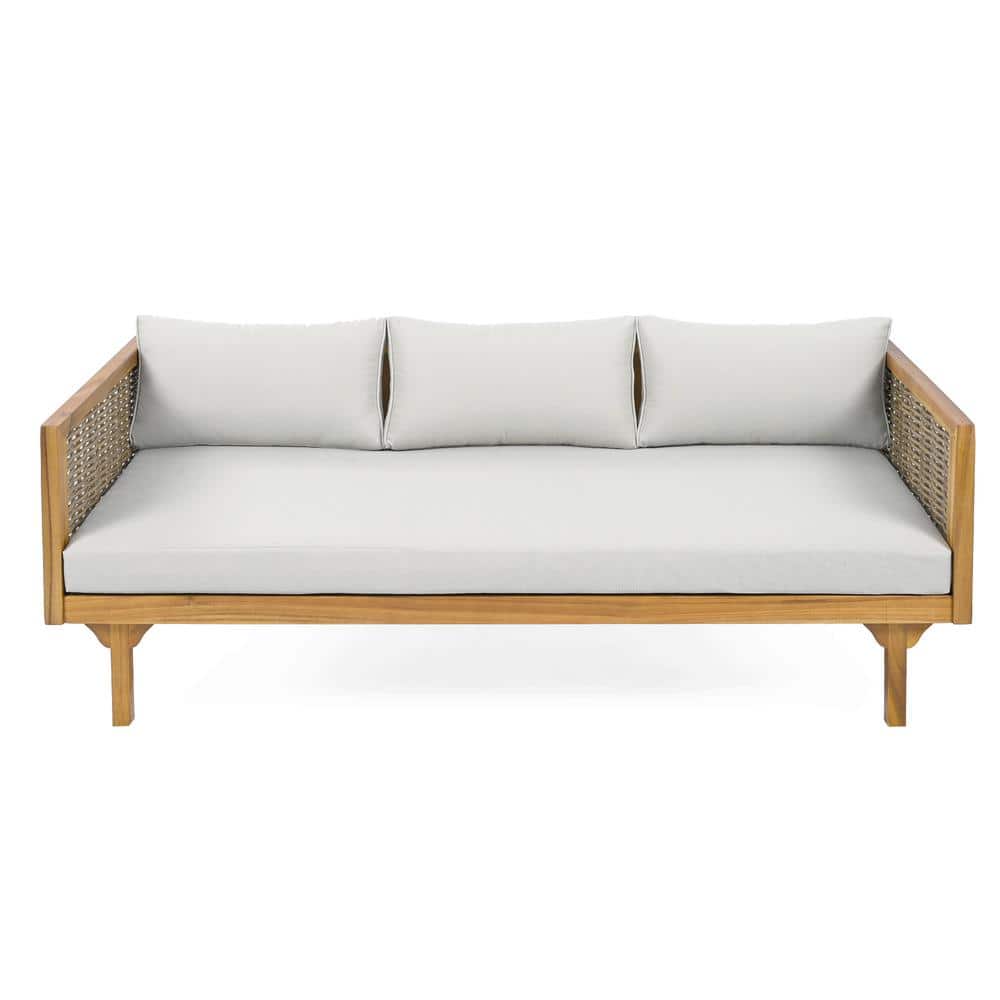 Wood 3 Seaters Outdoor Day Bed with Light Gray Cushion and Rattan Arms